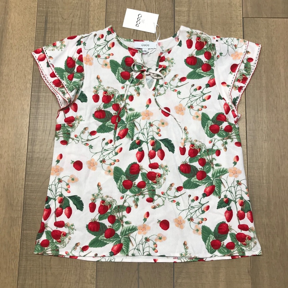 CeCe Strawberry Top Blouse Womens Size M Linen Blend V-Neck Flutter Sleeves NEW